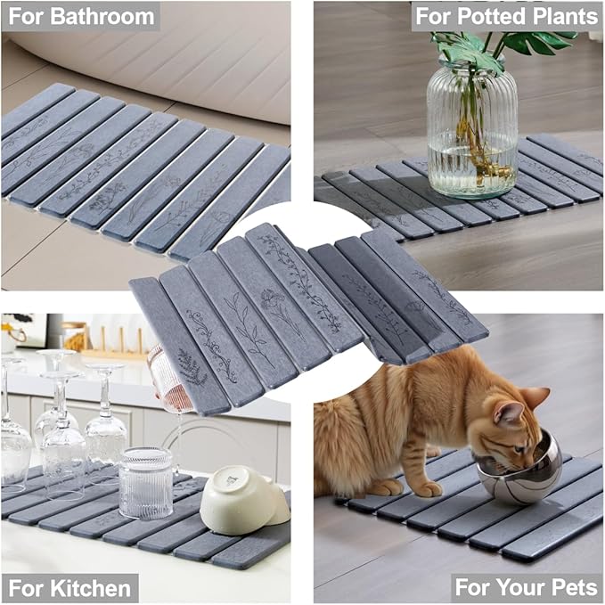 Foldable Stone Bath Mat - 24x16, Super Absorbent Diatomaceous Earth Large Bath Mats for Bathroom, Quick Dry Non-Slip Stone Drying Mats for Kitchen Counter & Bathtub (Dark Gray Floral Decor)