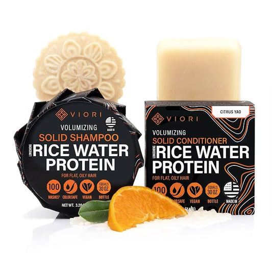 Viori Citrus Yao Shampoo and Conditioner Bar Set Made with Rice Water - Handcrafted Sulfate Free Shampoo and Conditioner