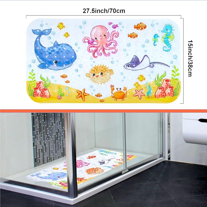 Secopad Bath Mat for Tub Non Slip, Machine Washable Anti-Slip Cartoon Baby Bathtub Shower Mat with Drain Holes and Suction Cups for Toddler & Kids, 27.5 Inch x 15 Inch-Rectangular, Pink Octopus