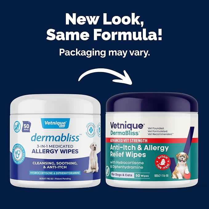 Vetnique Dermabliss 3-in-1 Anti Itch Wipes for Dogs & Cats, Allergy Relief | Hydrocortisone, Pramoxine & Antihistamine Wipes Calm Itching, Paw Licking & Odor for Dogs & Cats; Gentle No-Sting Relief