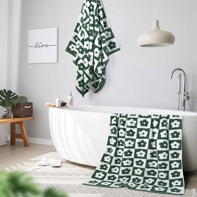 Jacquotha 2-Pieces Luxury Bath Towels Checkered Floral, Green Towels for Women Girls Shower Body 27.5x55 Inches, Cute Bathroom Decor, Cotton