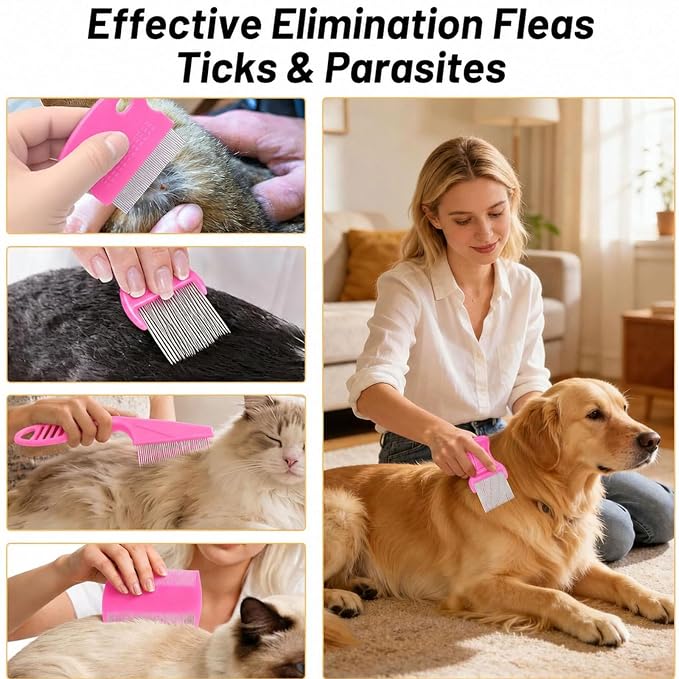 6 Pcs Flea Lice Comb for Cats Dogs, Pink | Stainless Steel, Rounded Teeth, Tear Stain Remover, Dematting Brush, Professional Pet Grooming Kit