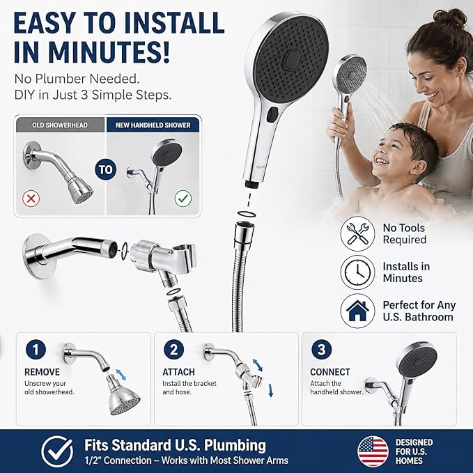 Handheld Shower Head with Scroll Wheel Flow Control, 4 Spray Settings with Built-in Continuous Power Wash, High Pressure Showerhead for Adults, Babies & Pets, Chrome (silver) (silver)