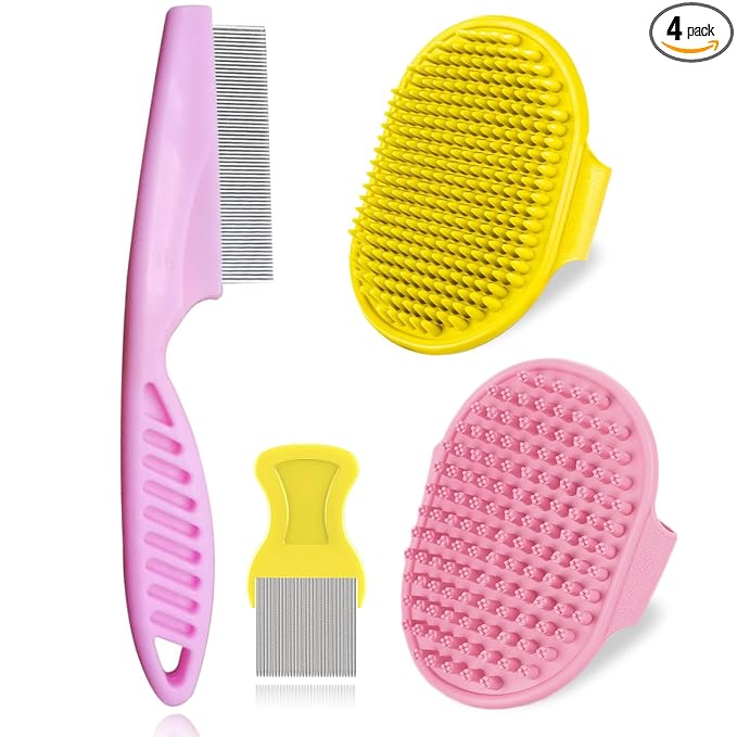 4Pack Pet Grooming Brush Kit, Aoche Dog Bath Brush Flea Comb for Dogs Pet Shampoo Brush Soothing Massage Rubber Comb Flea Lice Comb Cat Tear Stain Comb Dog Brush for Shedding, Pink+Yellow