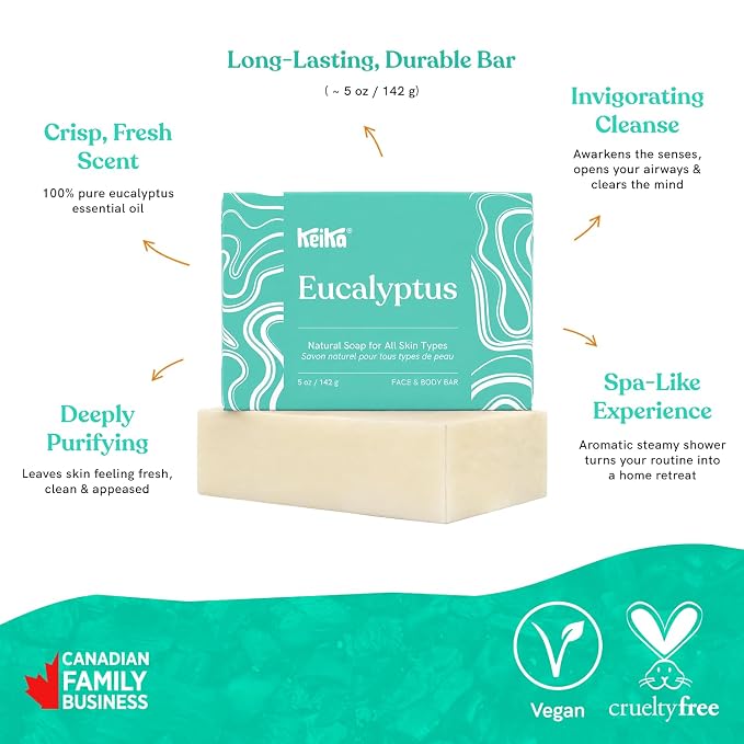 Keika Eucalyptus Soap Bar for Face & Body, Natural Refreshing Spa Bath & Shower Cleanser, 5 oz.