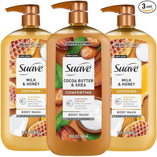Suave Body Wash Variety Bundle – Milk & Honey 2-Pack & Cocoa Butter Shea, Gentle & Moisturizing Body Washes with Vitamin E, 30 Oz Ea (3 Piece Set)