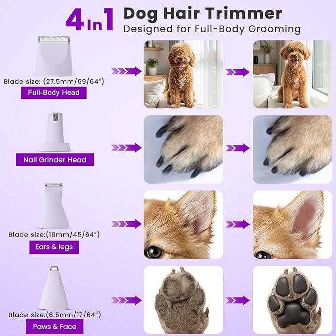 Dog Paw Trimmer - 4-in-1 Dog Clippers Grooming Kit with Low Noise & IPX7 Waterproof Design Includes Comb Paw Trimmer Nail Grinder - Rechargeable & Cordless Pet-Friendly Clipper (Purple)