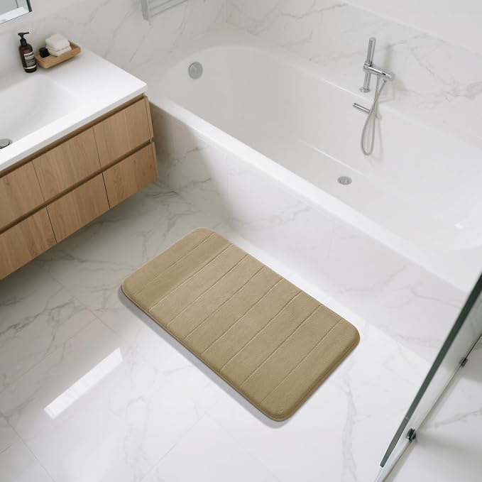 Yimobra Large Bath Mat 36"x24", Super Soft Quick Dry Memory Foam Bathroom Rug, Water Absorbent, Non Slip Backing Machine Washable for Tub Shower, Thick Comfort Support, Pale Khaki