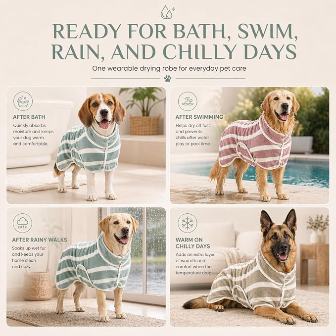 Dog Robe, Towels for Dogs After Bath, Dog Bathrobe for Drying Dogs, Fast Drying Super Absorbent Striped Dog Towel Wrap, Adjustable Warm Pet Bath Supplies (Khaki, X-Small)