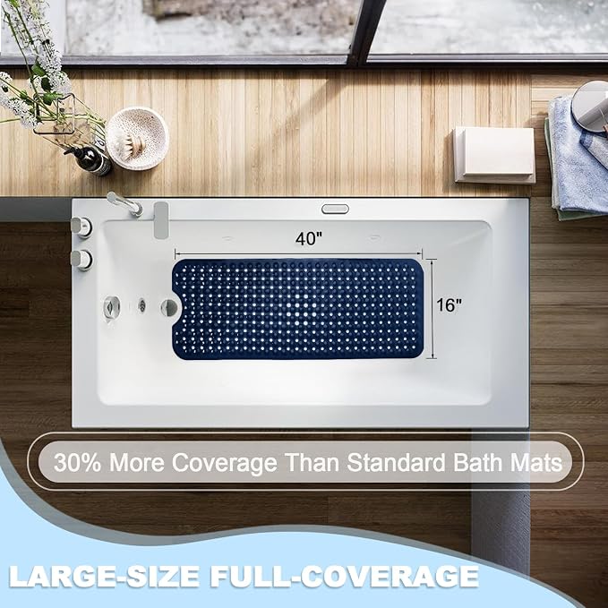Bathtub and Shower Mats, 40x16 Inch Extra Large Non Slip Soft Bath Tub Mat with Suction Cups and Drain Holes for Bathroom Floor and Keep Tubs Clean, Machine Washable, Navy Blue