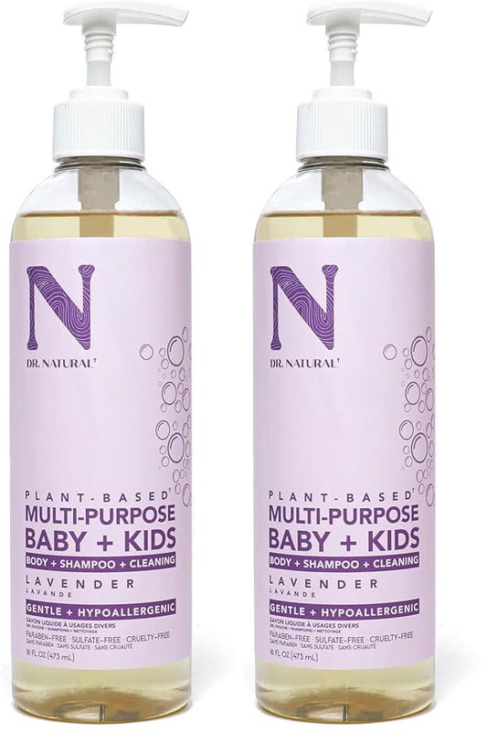 Dr. Natural Multi-Purpose Baby Plus Kids Soap, Lavender, 16 oz - Plant-Based - with Shea Butter - Hypoallergenic - Body Wash, Face Wash, Hand Soap - Sulfate-Free, Paraben-Free, Cruelty-Free