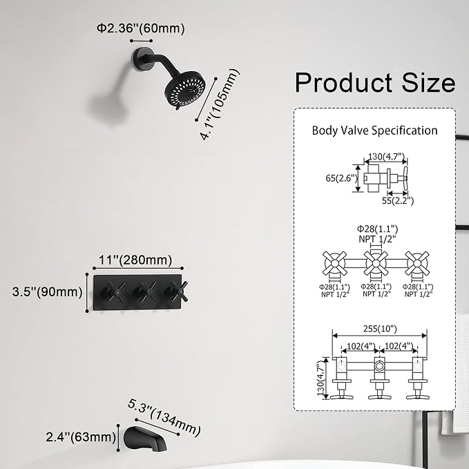 3 Handle Tub Shower Faucet Matte Black Shower Tub Faucet Set 3 Knob Bathtub Shower Faucets Sets Complete BY3HSTB-1