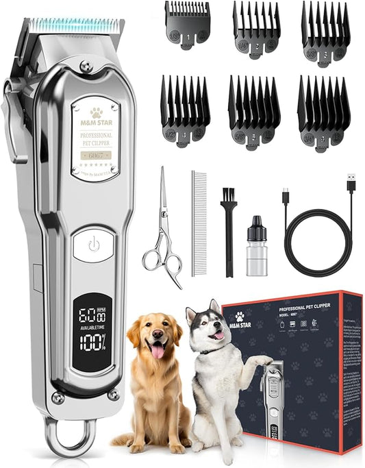 M&M STAR Dog Clippers for Grooming Thick Heavy Coats, All-Metal Body Low Noise Cordless Rechargeable Dog Hair Trimmer, Stainless Steel Blade, Professional Pet Grooming Kit for Dogs & Cats (Silver)