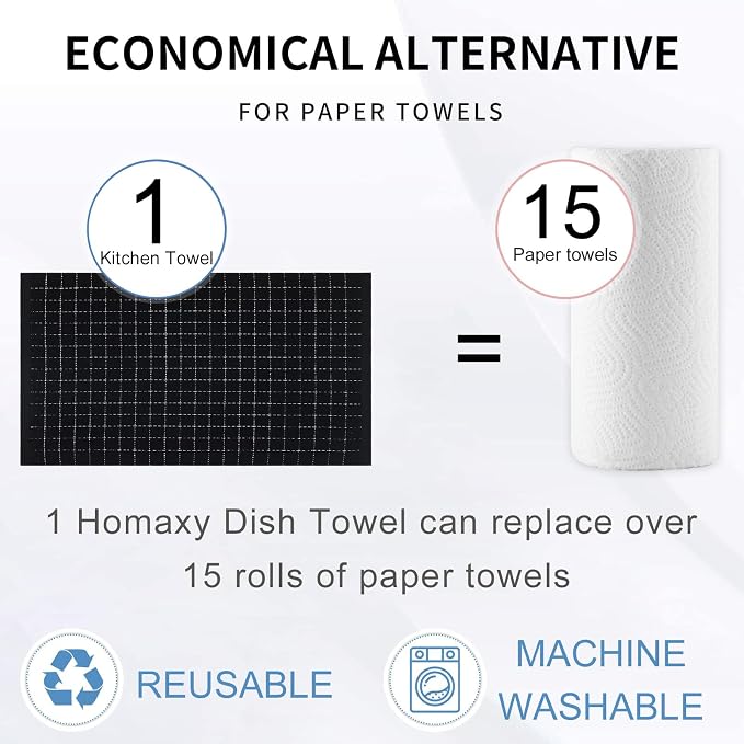 Homaxy 100% Cotton Terry Kitchen Towels(Black, 20 x 28 inches), Checkered Designed, Soft and Super Absorbent Dish Towels, Large 6 Pack
