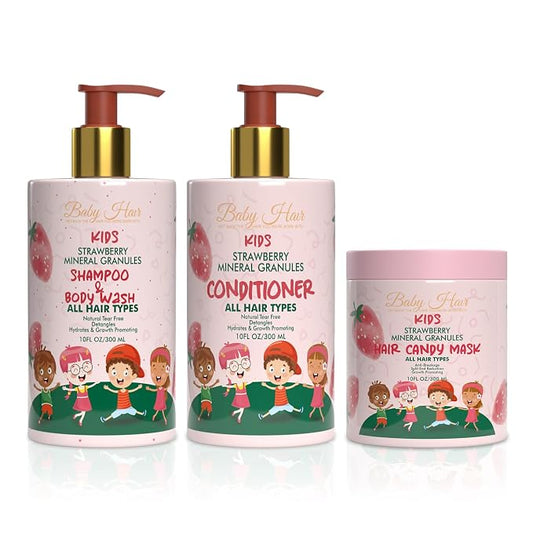BABY HAIR - Strawberry Mineral Kids Shampoo/Body Wash, Conditioner, and Hair Mask Set, Sulfate-Free with Strawberry Oil, Detangling Shampoo for Kids, 10 fl.oz.