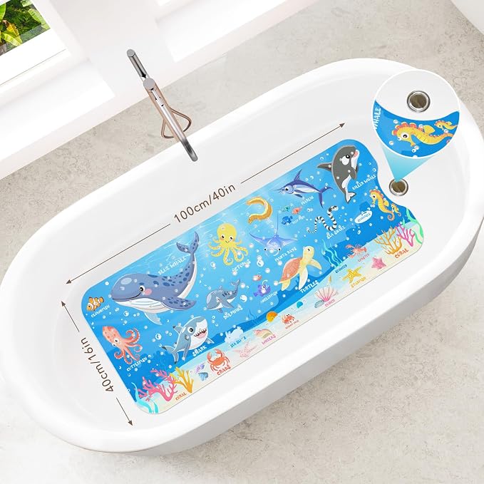 SHUCHING Baby Bath Mat for Tub Non Slip-40x16 Inch, Blue Ocean Animal | Bathtub Mat for Kids & Toddler Mold Free, Long Shower Mat for Inside Shower with Suction Cup, Machine Washable