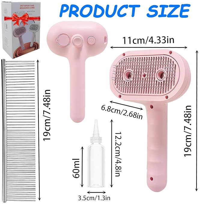 Pet Steam Brush for Cat & Dog, 2-Hole Double Spray, 3-in-1 Cat Steam Brush,Pet Spray Comb with Shedding Massaging Grooming Self-Cleaning Release Button for Long & Short Haired Pets(Pink)