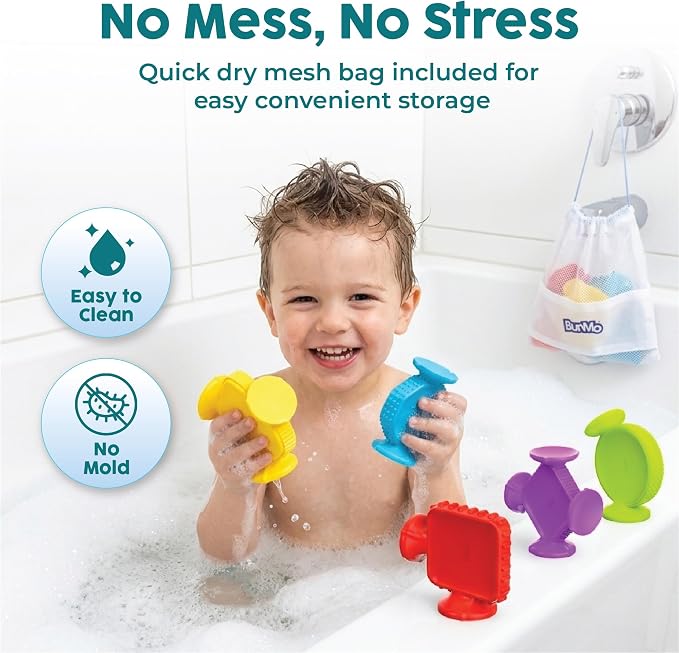 Bunmo Toddler Bath Toys - Best Montessori Toys for Kids Ages 1 2 3 4 Year Old Boys & Girls Gifts, Best Sensory Toy for Babies 12 Months +, No Hole Bath Toy for Kids Ages 1-3 & 2-4 (Big Shapes 5 Pack)