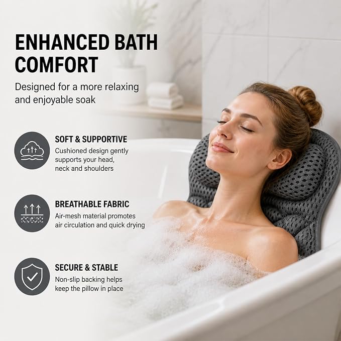 Bath Pillow for Tub,3D Mesh Neck Support,Non-Slip Suction Cups,Grey | Butterfly Design Bathtub Pillow with Bath Puff,for Head Neck Shoulder,Fast Drying,Machine Washable,Shower Gift for Adult
