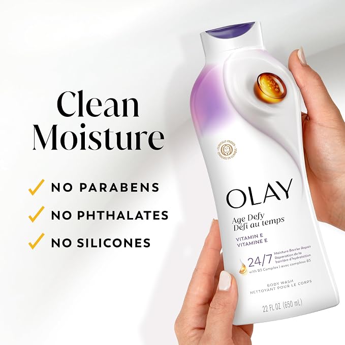 Olay Body Wash for Women, Age Defying with Vitamin E, 24hr Moisturizing, Hydrating & Refreshing, B3 Vitamin Complex, Free of Parabens & Phthalates, for All Skin Types, Scented, 22 fl oz (Pack of 4)