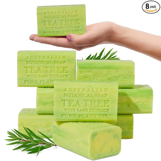 Australian Botanical Soap, 6.6 OZ, Tea Tree with Sage Extract, Triple Milled Bars made with a Natural Soap Base and Enriched with Organic Shea Butter, Pack of 8