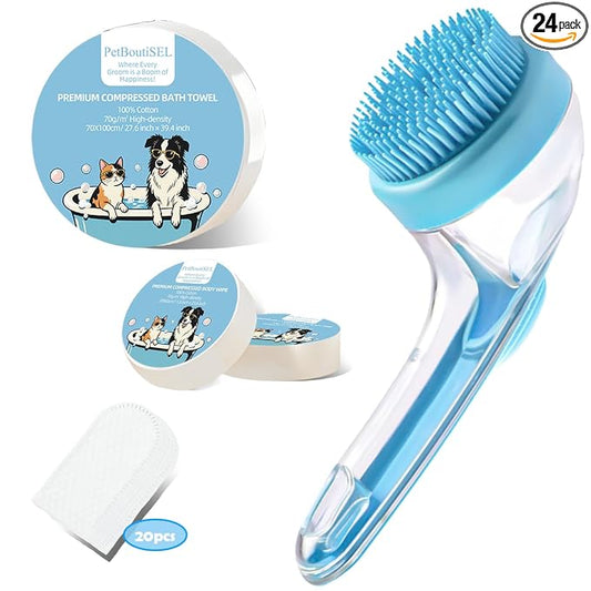 Dog Bath Brush with Shampoo Dispenser - 4-in-1 Pet Bath Brush & Grooming Kit, Dog Shampoo Brush, Includes Silicone Scrubber Pet Shower Brush, Compressed Towel, Wipes & Tablets for Cat Shower