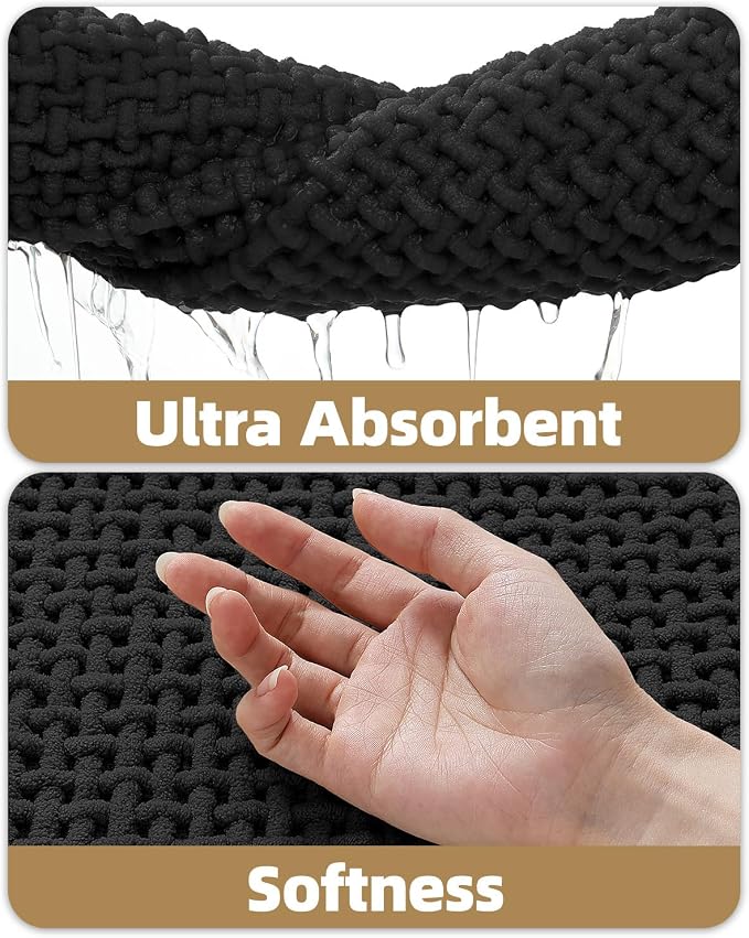 Color&Geometry Rubber Backed Waffle Bath Mat 36x24, Non Slip Water Washable Bathroom Rugs, Soft Absorbent Chenille Boho Carpet for Bathroom Floor, Tub and Shower, Black