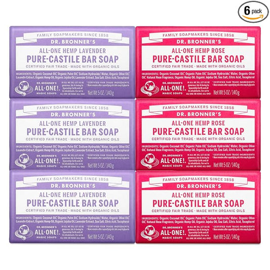 Dr. Bronner's - Pure-Castile Bar Soap, Rose 5 Ounce (3) and Lavender 5 Ounce (3) - Made with Organic Oils, For Face, Body and Hair, Gentle and Moisturizing, Biodegradable, Vegan, Cruelty-free, Non-GMO