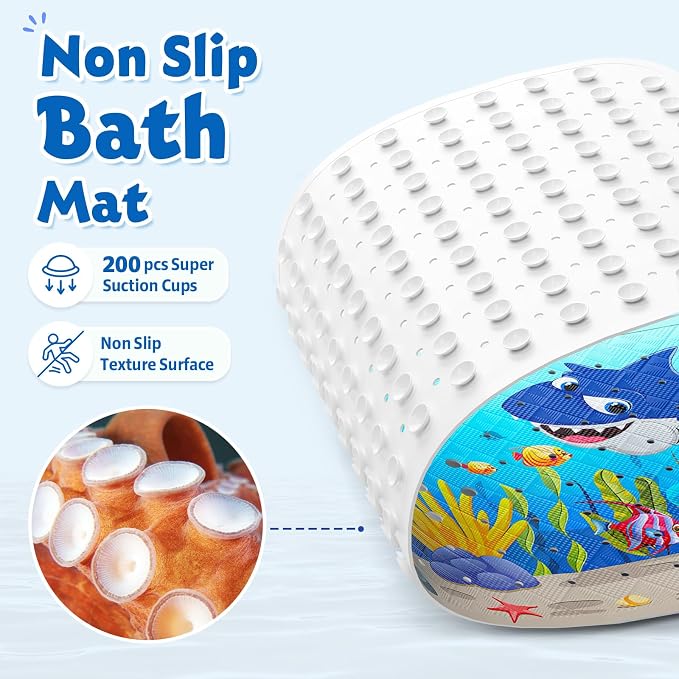 XIYUNTE Baby Bath Mat for Tub Non Slip Kids Bath Mat - 40''x16'' Extra Long Cartoon Bathtub Mat Non Slip Kids Shower Mat Eco-Friendly Toddler Bath Mats with Suction Cups, Machine Washable, Shark