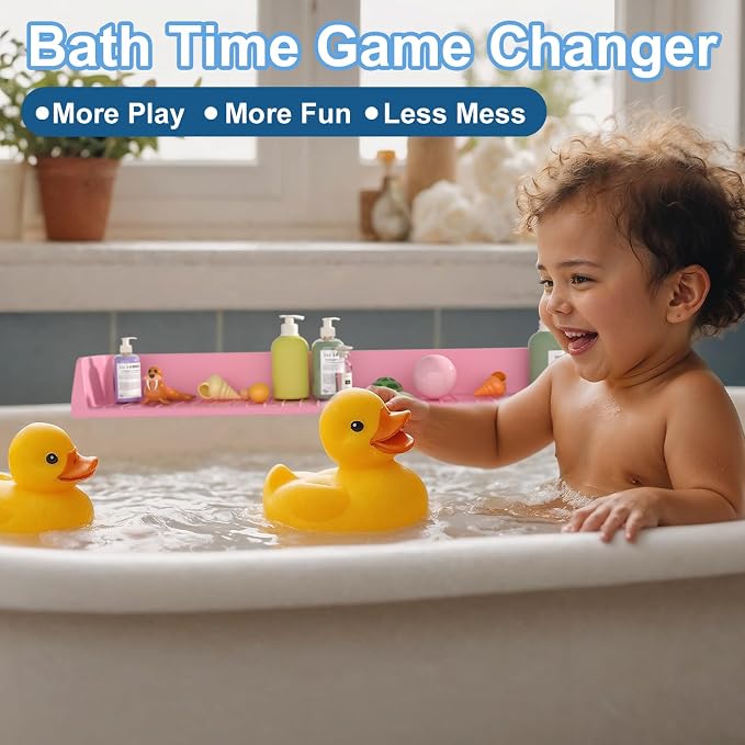 Splash Guard for Bathtub Kids, Silicone Bath Splash Guard Play Shelf, Tub Water Guards Longer Bath Toy Tray Holder, Bath Tub Splash Guard Prevent Water Spills in Bathroom (2.6FT, Pink)
