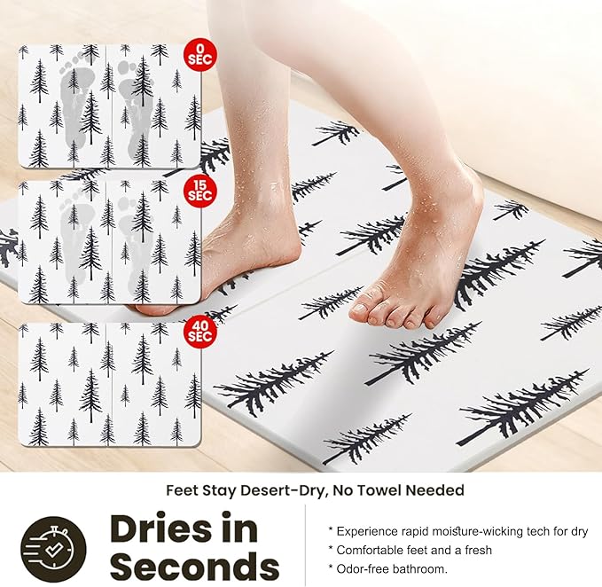 Black Stone Bath Mat - 24x16 Inch, Fast Absorbent Large Black and White Tree Stone Bath Mats for Bathroom Decor Quick Dry Non-Slip Shower & Bathtub & Drying Mat