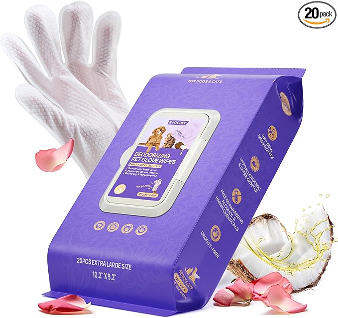 HICC PET Cleaning Deodorizing Glove Wipes for Dogs & Cats, Hypoallergenic Hydrating & Nourish Fur Pet Grooming Glove Wipes, Pet Bathing Wipes for Horse Coat Care, 20pcs Rose Scent
