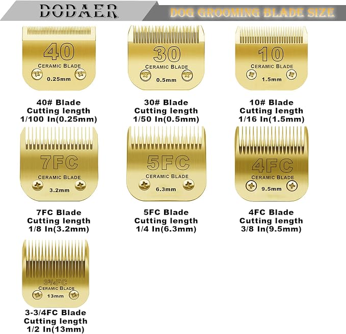 Gold Detachable Dog Blades Set Compatible with Andis/Oster A5 Grooming | Compatible with wahl km10 dog clipper,Made of Ceramic Blade & Stainless Steel Blade,Include 10+30+40+7FC+5FC+4FC+3FC ,7 Pack