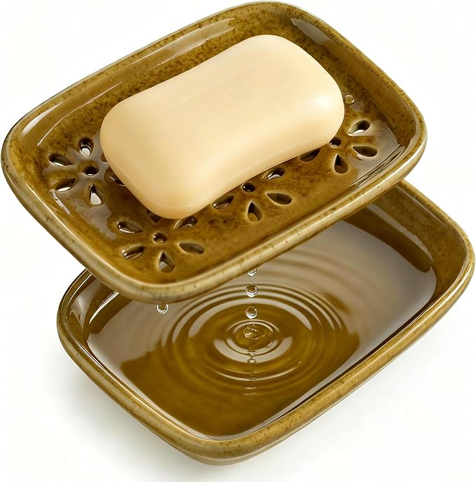 Miamolo 2 Layer Soap Dishes for Shower with Drainage, Keep Soap Bars Dry | Ceramic Bar Soap Holder, Self Draining Top, Removable Drip Tray Non-Slip, for Bathroom Kitchen Sink, Dishwasher Safe, Yellow