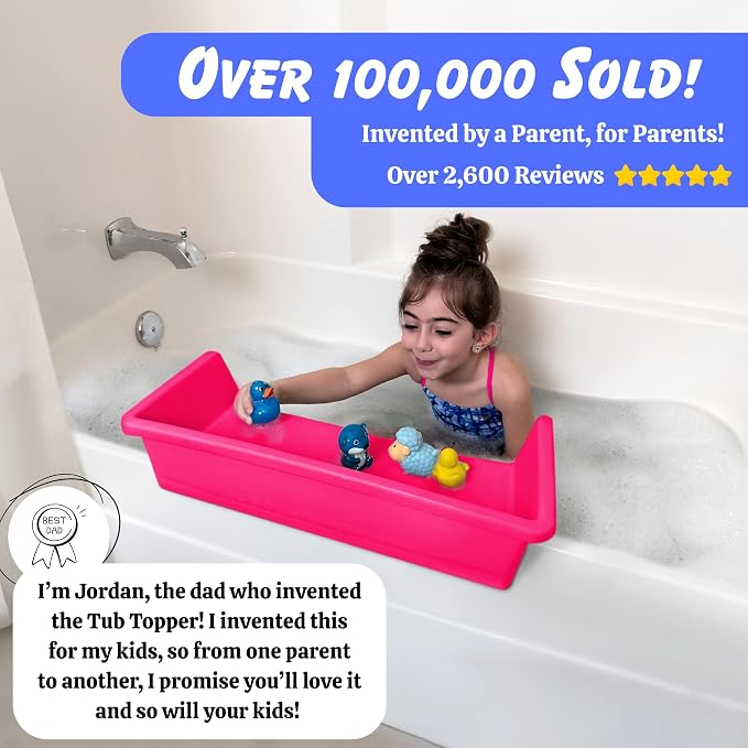 Tub Topper Mini Bathtub Splash Guard & Bath Shelf for Kids - Toy Tray, Pink | Toddler Storage Ledge, Patented Lip Design, Non-Silicone, BPA-Free, Easy to Remove & Clean, Made in USA