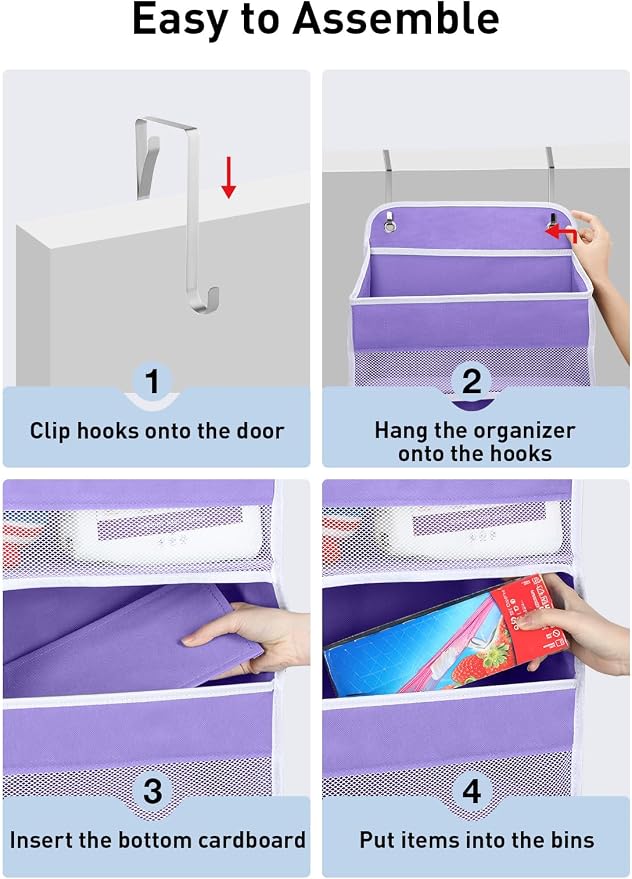 Yecaye Over the Door Organizer, 35.2lbs Load Toy Stuffed Animal Storage, Bathroom Organizers and Storage for Nursery Newborn Baby Essential Stuff Dorm Room Essentials, Purple 4 Tier