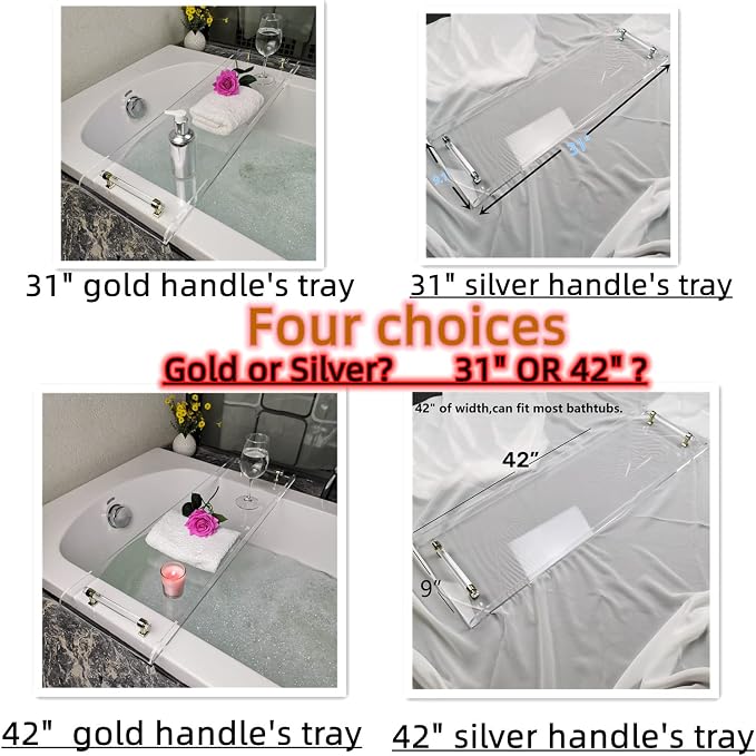 42" Gold Handle transaprent Bathtub Caddy for Luxury Bathroom