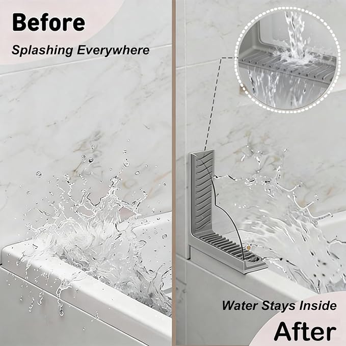 Bathtub Splash Guard with Suction Cup No Adhesive Reusable Silicone | 2 Pack,Fits Uneven Angled Corners,Easy Cleaning,Multi Wet-area Use,Renter Safe No Wall Damage for Shower Tub & Sink Gap Gray
