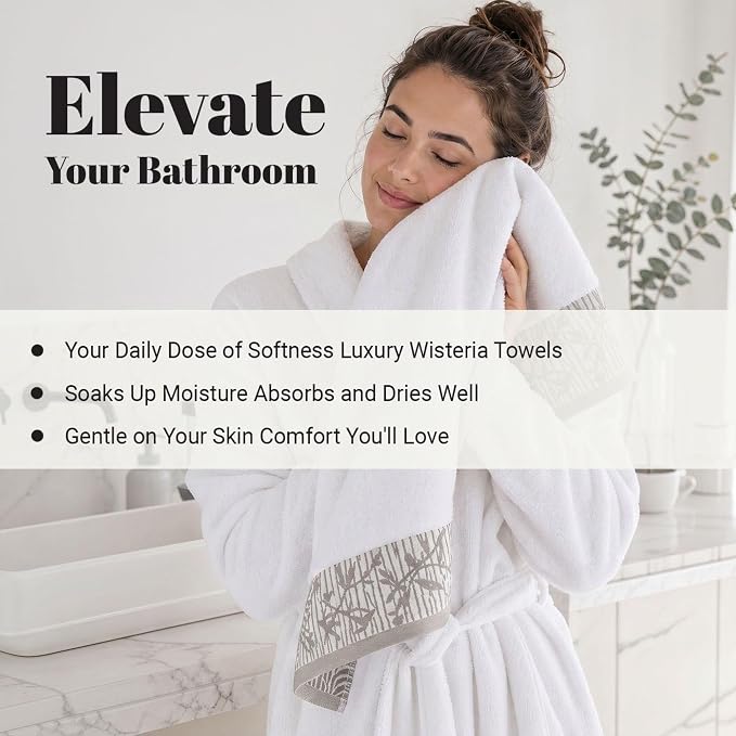 Superior Floral Jaquard Cotton Bathroom Towels, 3pc Towel Set, White | Soft Absorbent Quick Dry Terry Weave, Hotel Quality, Wisteria Towels Includes 1 Bath Towel, 1 Hand Towel, 1 Face Washcloth