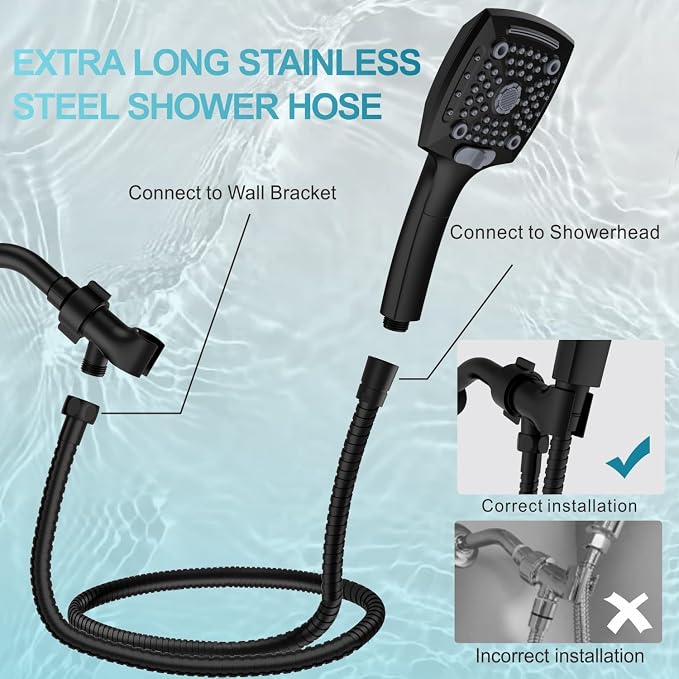 ELLO&ALLO High-Pressure Handheld Shower Head with 5 Spray Modes, 59-Inch Kink-Free Stainless Steel Hose & 360° Adjustable Bracket Perfect for Pet Bathing, Baby Care, Matte Black
