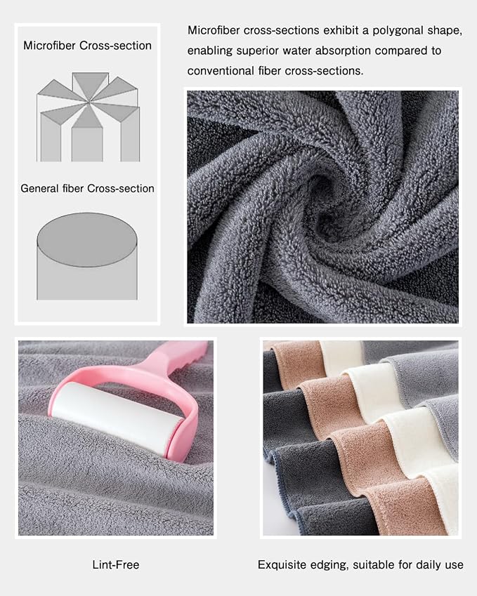 sakano Quick-Drying Microfiber Towel Set - 4-Piece Mixed Color Bath Towel Set, Highly Absorbent, Lint Free Design for Bath, Beach, and Gym - Light Gray+White+Khaki+Dark Gray, 28 x 55 inches