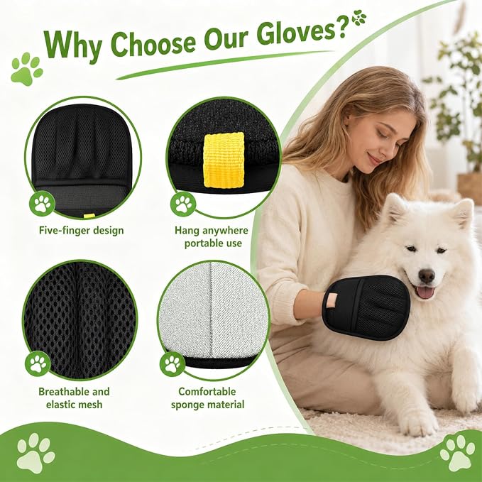 Upgraded Pet Hair Removal Gloves for Cats & Dogs, Electrostatic Five-Finger Pet Hair Remover Gloves, Reusable Magic Brush Pet Hair Removal Tool for Laundry, Carpet, Car Seat, Clothing for Effortless