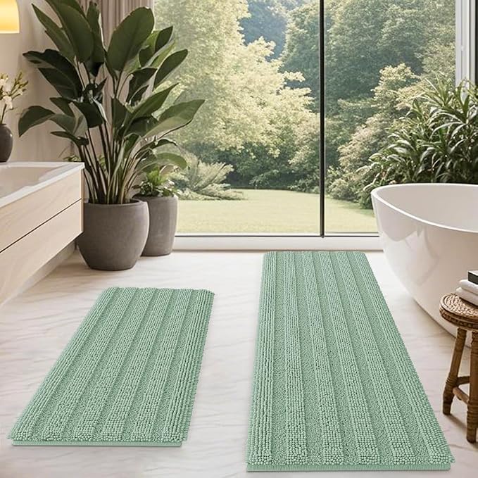 Christmas Striped Sage Green Bathroom Rug Mat Set 2 piece 32"x20"+60"x20" Ultra Soft, Non Slip Chenille Bath Rugs, Absorbent Plush Shaggy Bath Mats for Bathroom, Bedroom, Kitchen, Shower, Tub