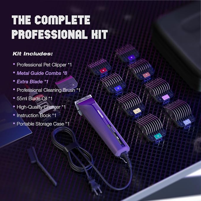 AmpFix Professional Dog/Pet Grooming Clippers - 2-Speed Heavy-Duty Motor, 2 Detachable Blade 8 Metal Combs, 10ft Cord, Runs Cool & Quiet, Anti-Slip Shatter-Proof Housing for All Animal Coats
