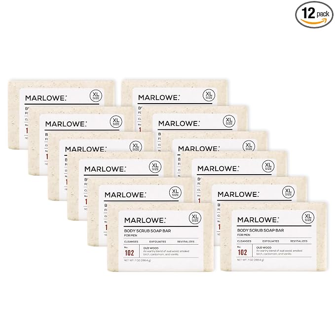 MARLOWE. Body Scrub Soap, Exfoliating Soap Bar, Oud Wood, 7 oz (12 Bars) | Scrub Soap Bar that deeply cleanses and exfoliates while buffing away rough, dry skin. Oud Wood scent.