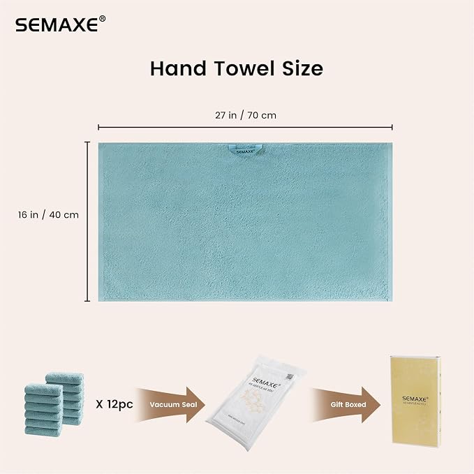 SEMAXE 12-Pack Blue Cotton Hand Towels for Bathroom with Hanging Loops | Sink-side towels for drying hands and face, ideal for bathrooms, guest baths, powder rooms, OEKO-TEX certified, easy care