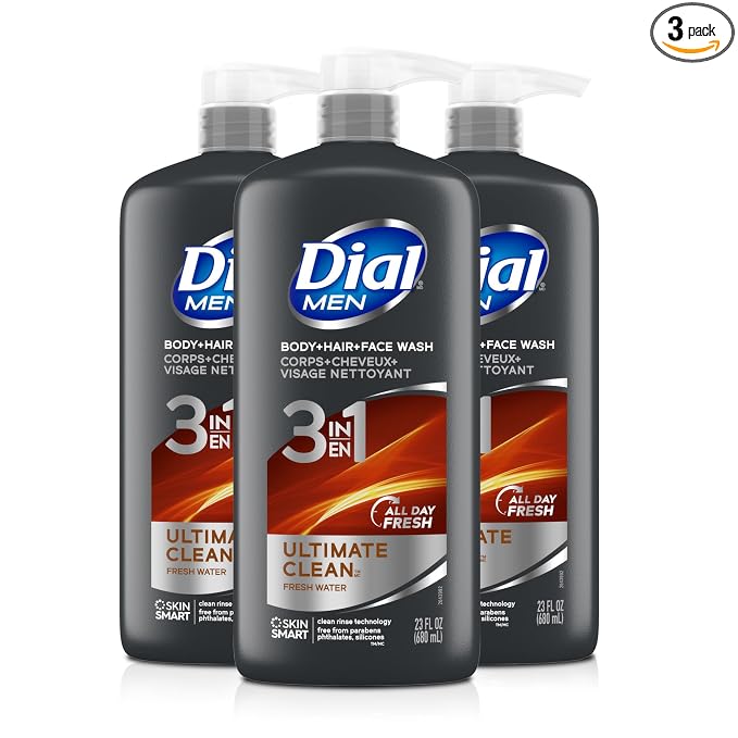 Dial Men 3 in 1 Body, Hair and Face Wash, Refresh, 16 Fl Oz, Pack of 3, Cleanses Deep + Gentle on Skin with Clean Rinse Technology