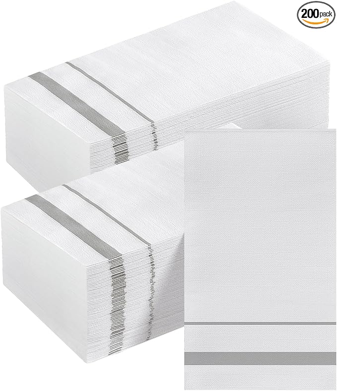 Goodluck 200 Pack 3-Ply Disposable Napkins - Soft & Absorbent Paper Hand Towels for Bathroom Guests, Dinner Party, Kitchen, Christmas, Wedding & Events, Parties - Striped Siliver Trim