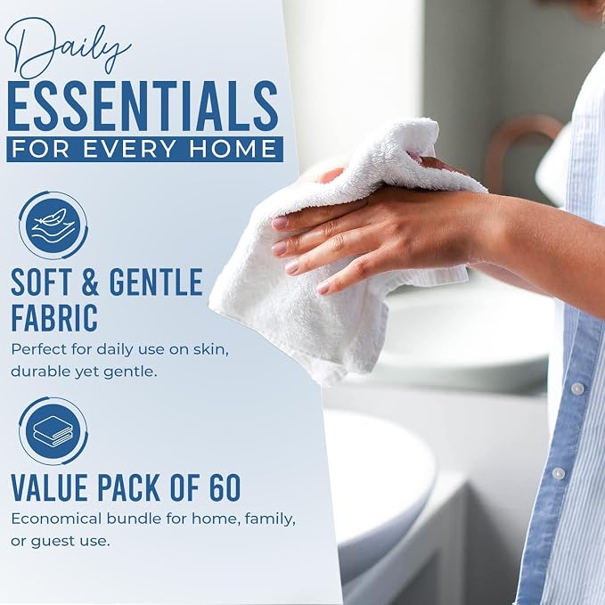 DAN RIVER 60 Pack Wash Cloths for Showering [12x12] - 100% Cotton Washcloths Premium Quality Flannel Face Cloths for Bathroom, Highly Absorbent and Soft Feel Wash Clothes, White