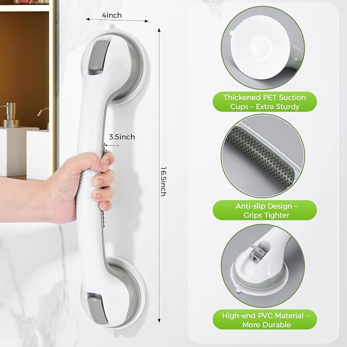 Shower Handle 2 Pack Grab Bars for Bathtubs and Showers, 16.5 Inch Long Bathroom Balance Bar with 0.15" Thick Strong Hold Suction Cup, Safety Hand Rail for Seniors, Elderly - Grey